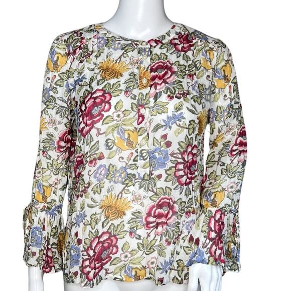 Loft Blouse Womens Small Petite White Multi Floral Cottagecore Boho Bohemain - Picture 1 of 8